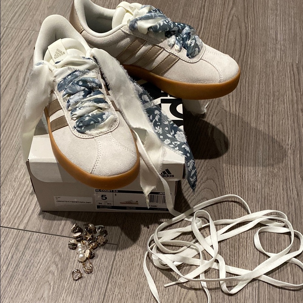 Adidas Cream and Blue Sneakers Retro Design